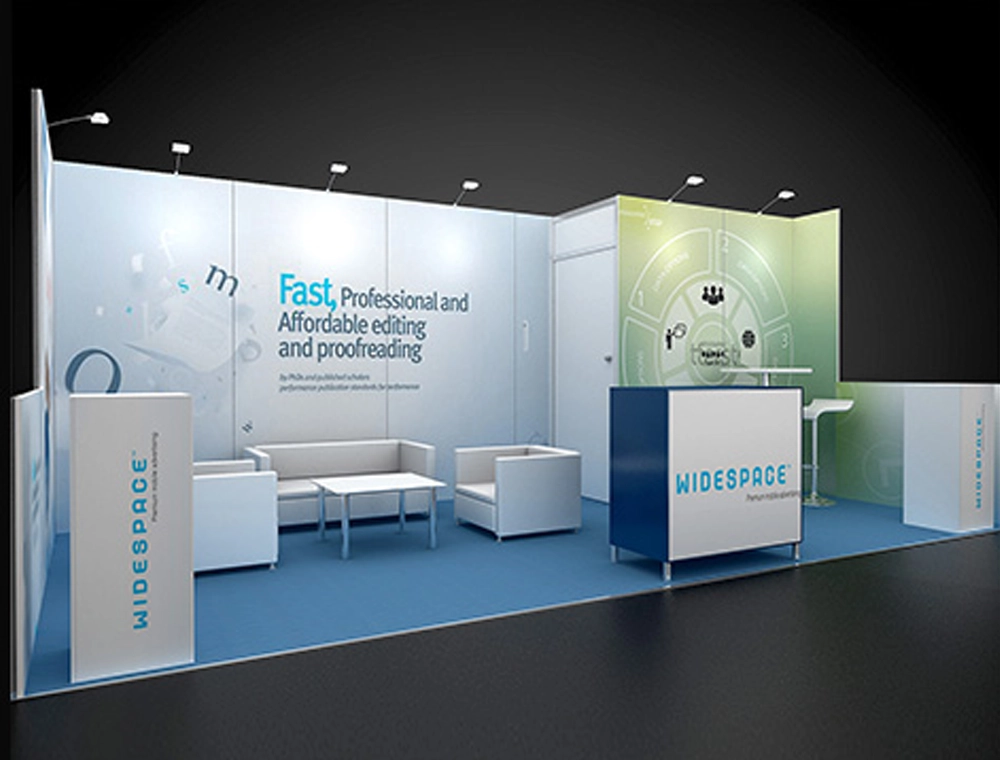 Spacious trade show booth with branding and counters