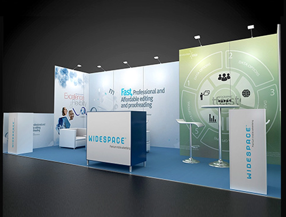 Spacious trade show booth with branding and counters