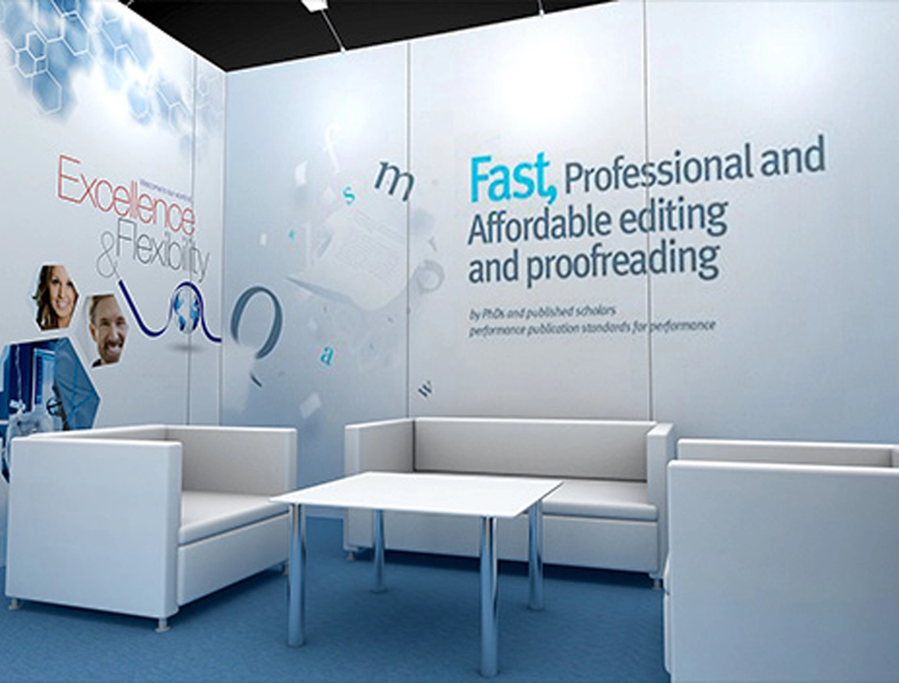 Spacious trade show booth with branding and counters