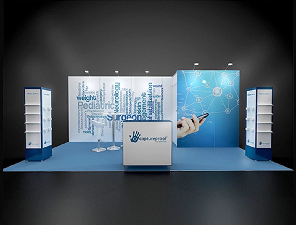 Modern 10x20 trade show booth with display panels