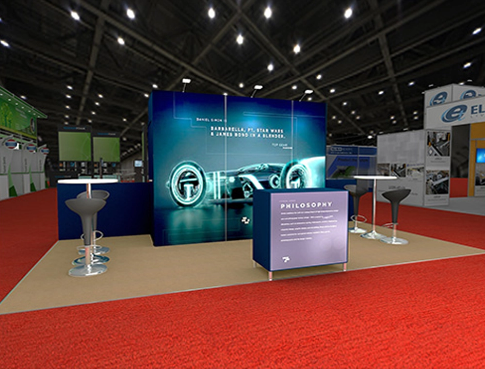 Sleek exhibition booth with product displays and signage