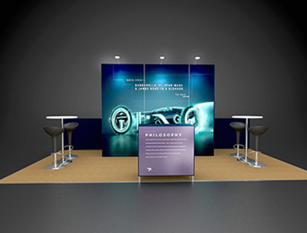 Sleek exhibition booth with product displays and signage