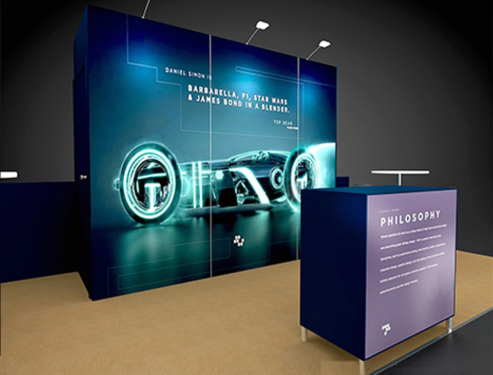 Sleek exhibition booth with product displays and signage