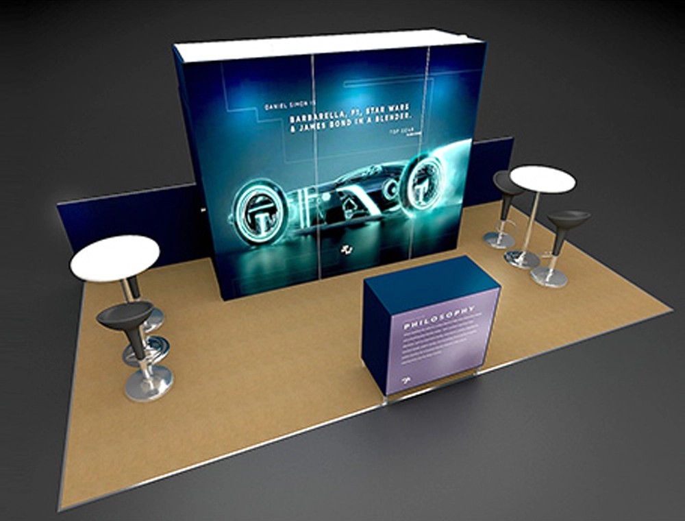 Sleek exhibition booth with product displays and signage