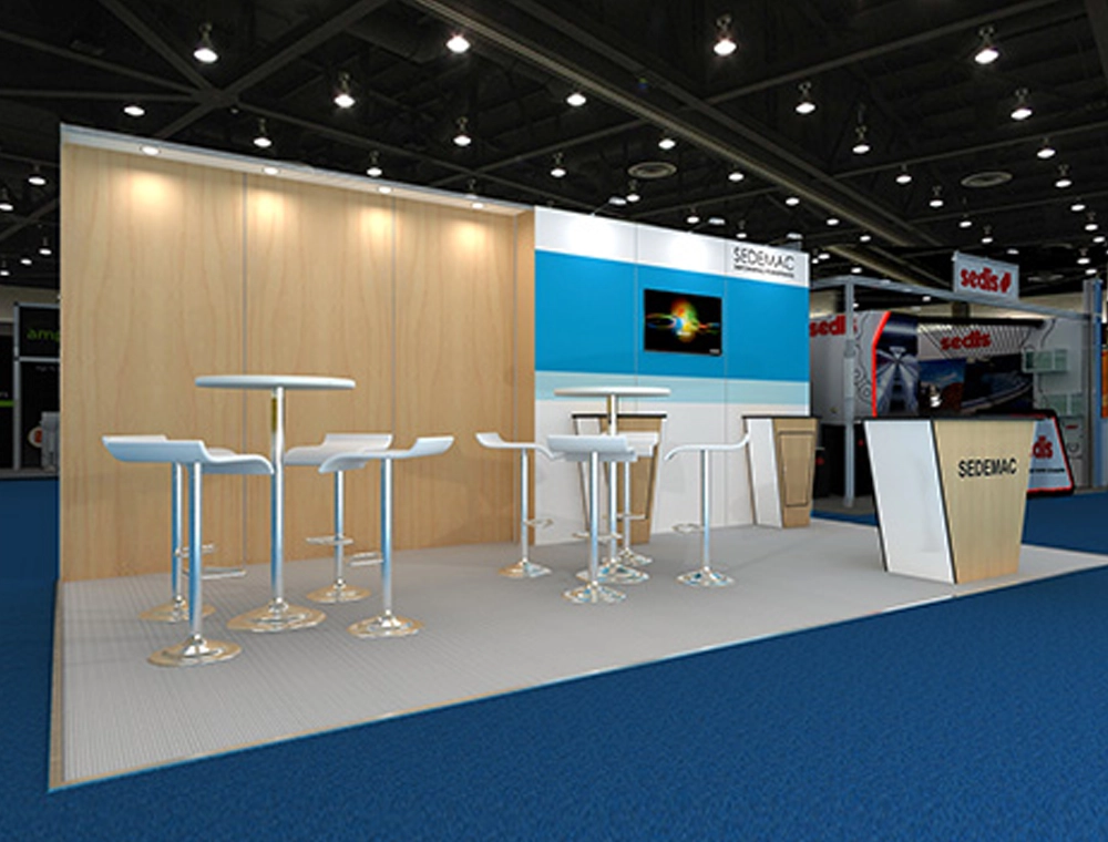 Trade show display with large banners and counters
