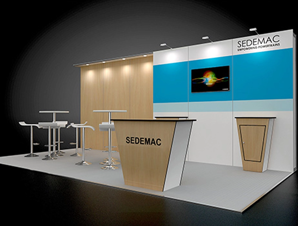 Trade show display with large banners and counters