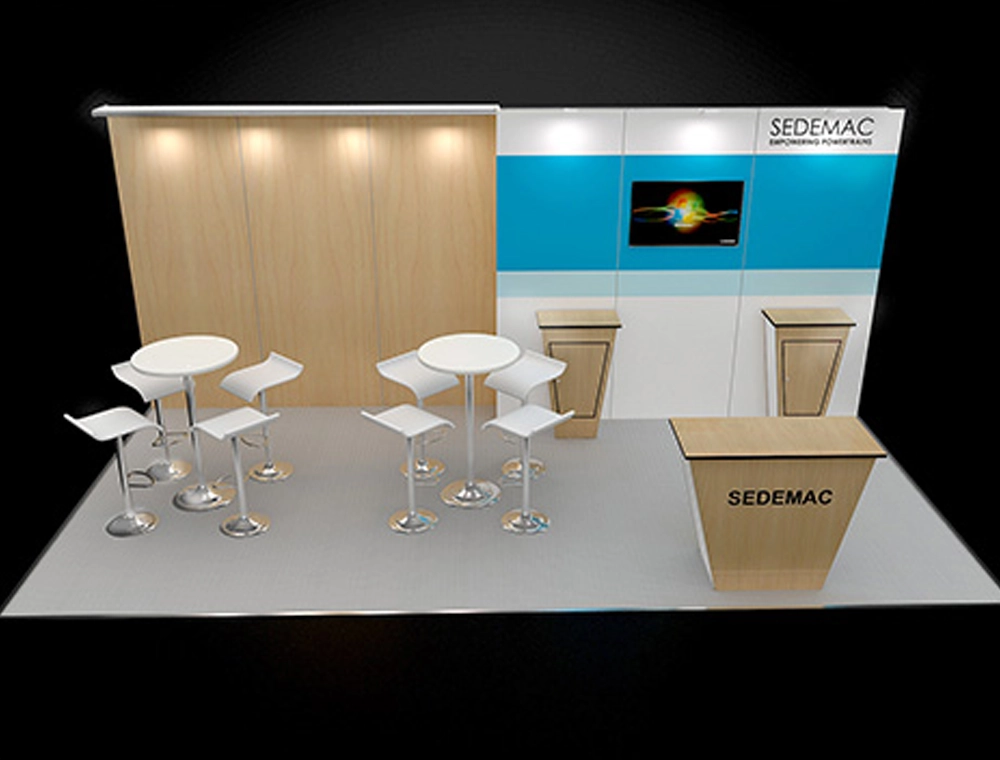 Trade show display with large banners and counters