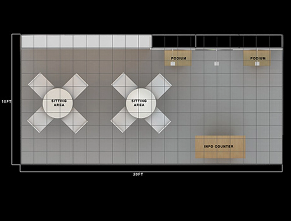 Trade show display with large banners and counters