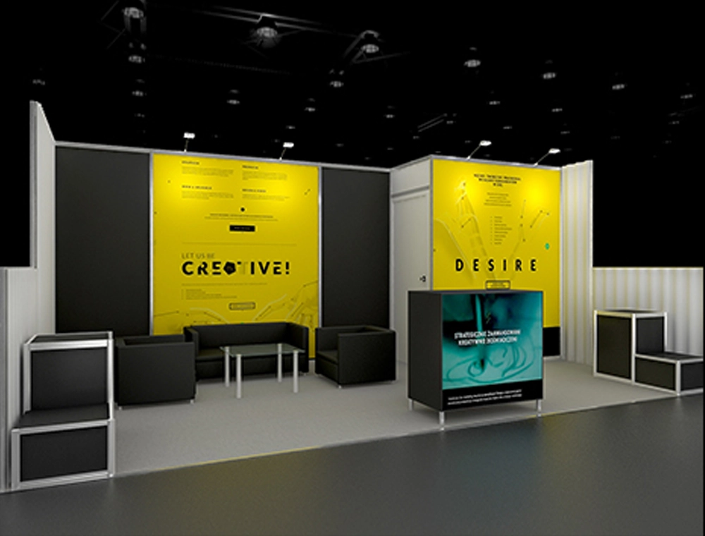 10x20 booth with digital screens and seating area