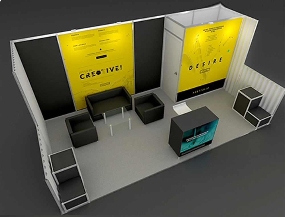 10x20 booth with digital screens and seating area