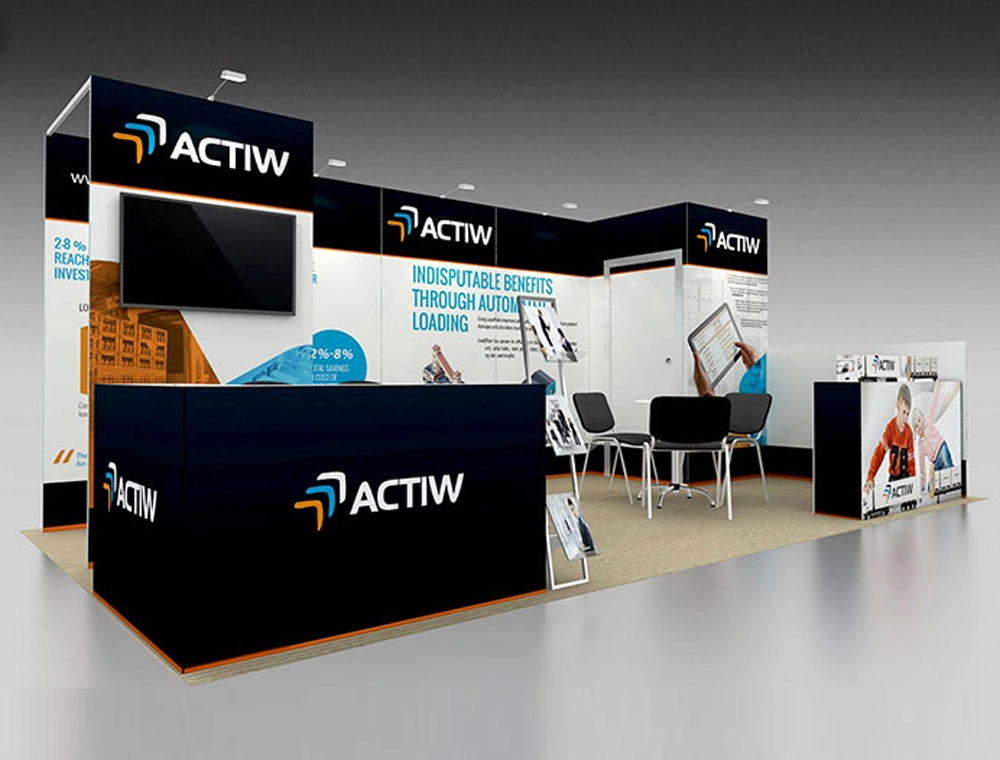 Modern 10x20 exhibition booth with graphics and counters