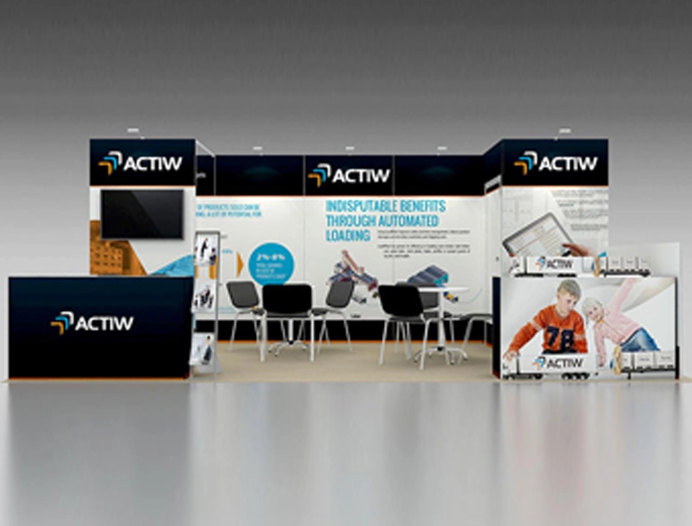 Modern 10x20 exhibition booth with graphics and counters