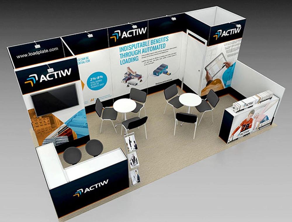 Modern 10x20 exhibition booth with graphics and counters
