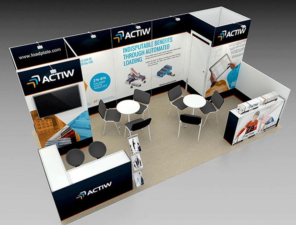 Modern 10x20 exhibition booth with graphics and counters