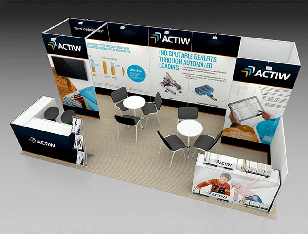 Modern 10x20 exhibition booth with graphics and counters