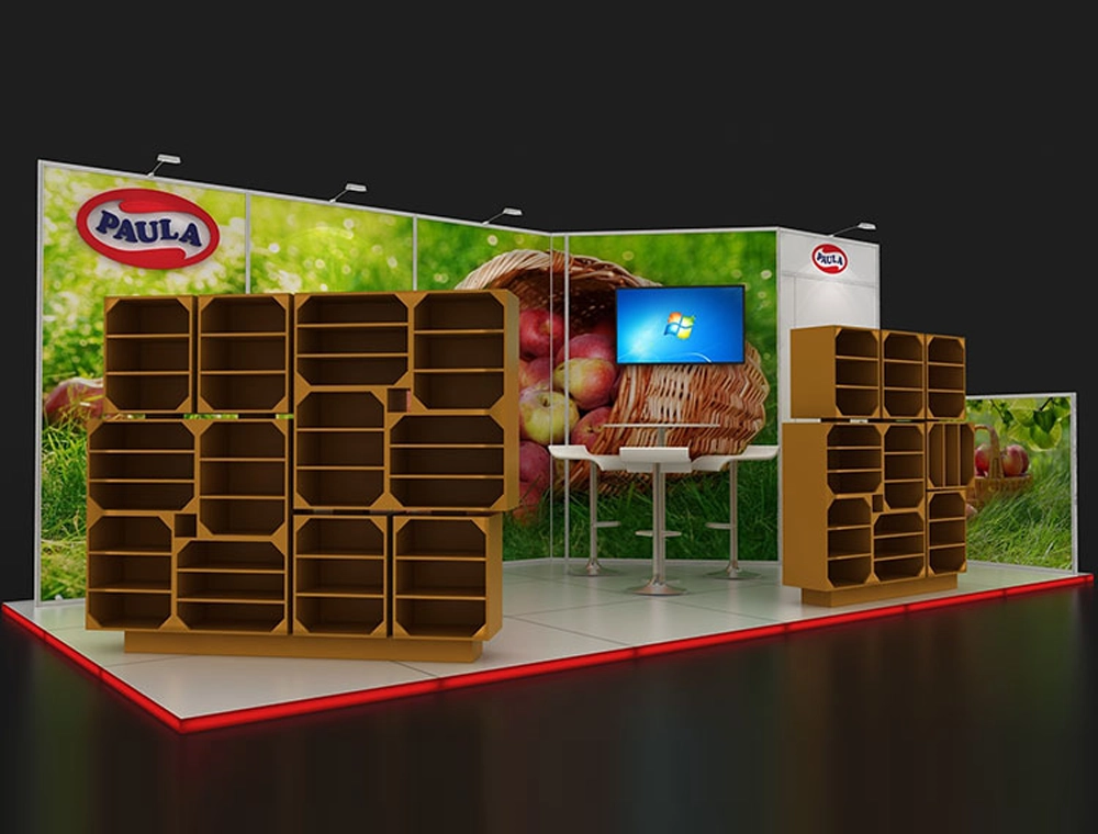 Booth with reception area and promotional display shelves