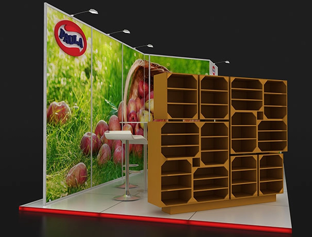 Booth with reception area and promotional display shelves