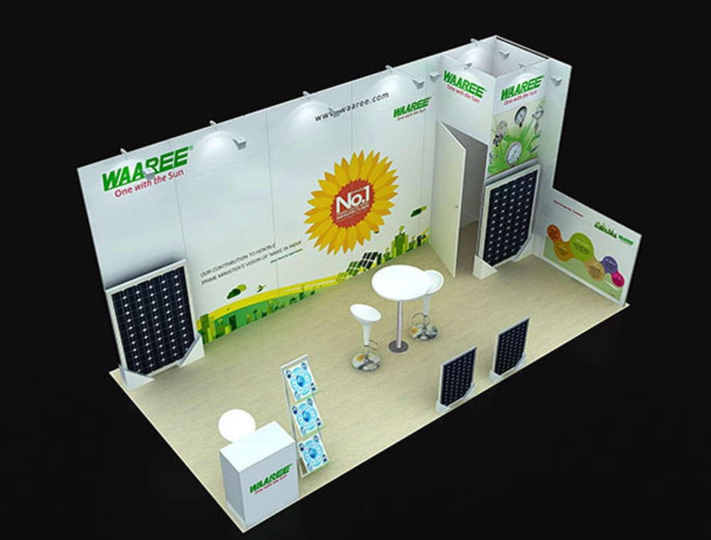 Exhibition booth with large graphics and seating area