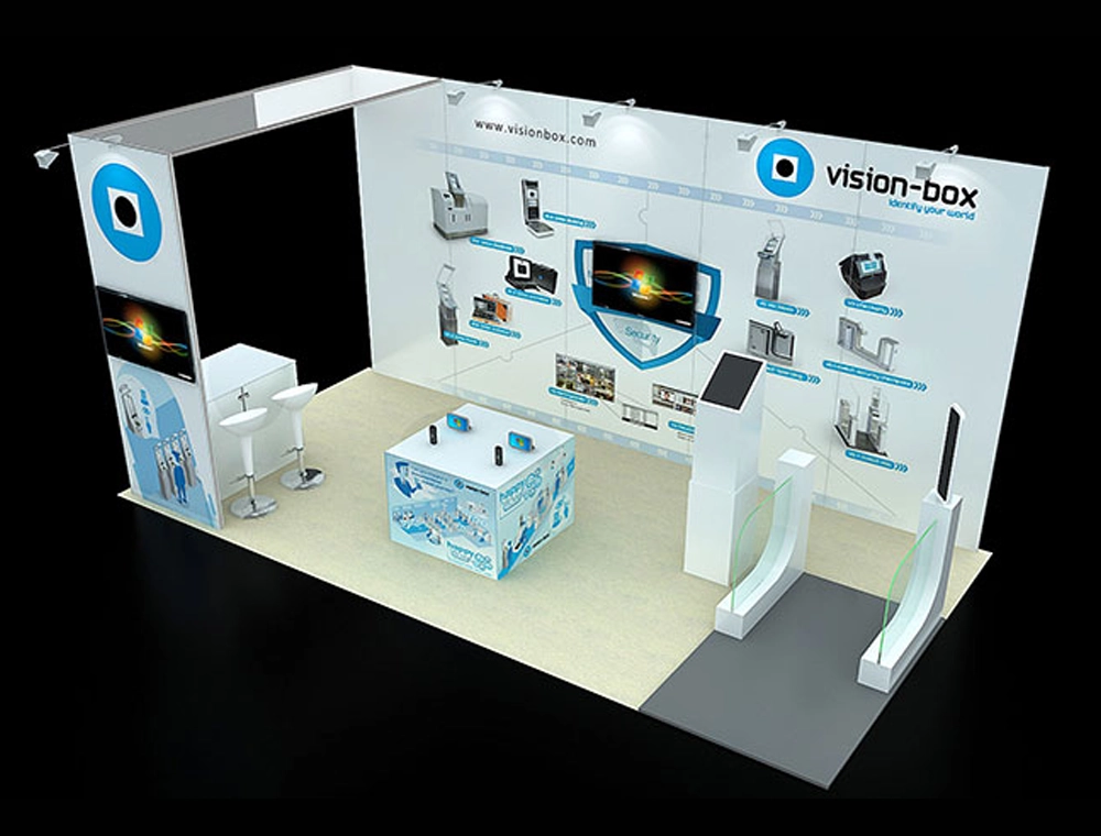 Trade show booth featuring interactive product displays