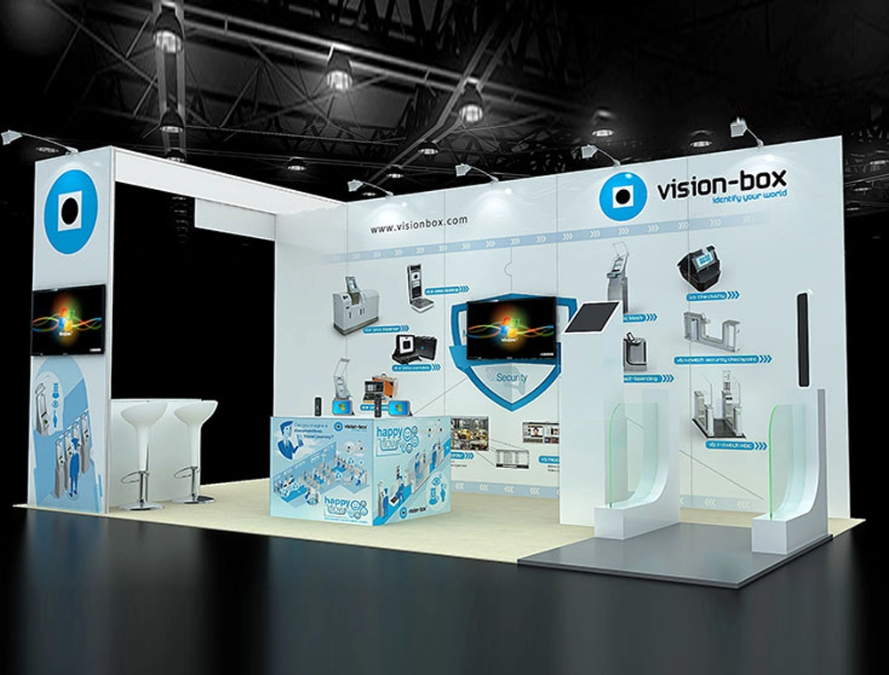 Trade show booth featuring interactive product displays