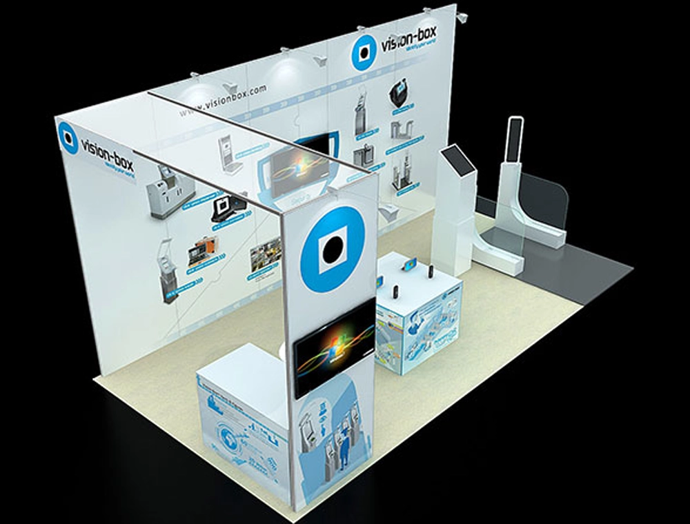 Trade show booth featuring interactive product displays
