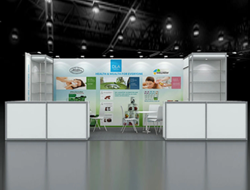 Spacious exhibition booth with product showcase shelves