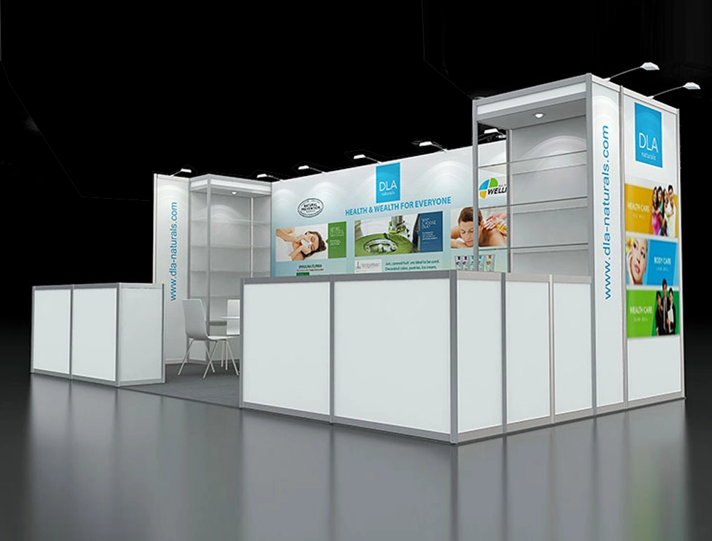 Spacious exhibition booth with product showcase shelves