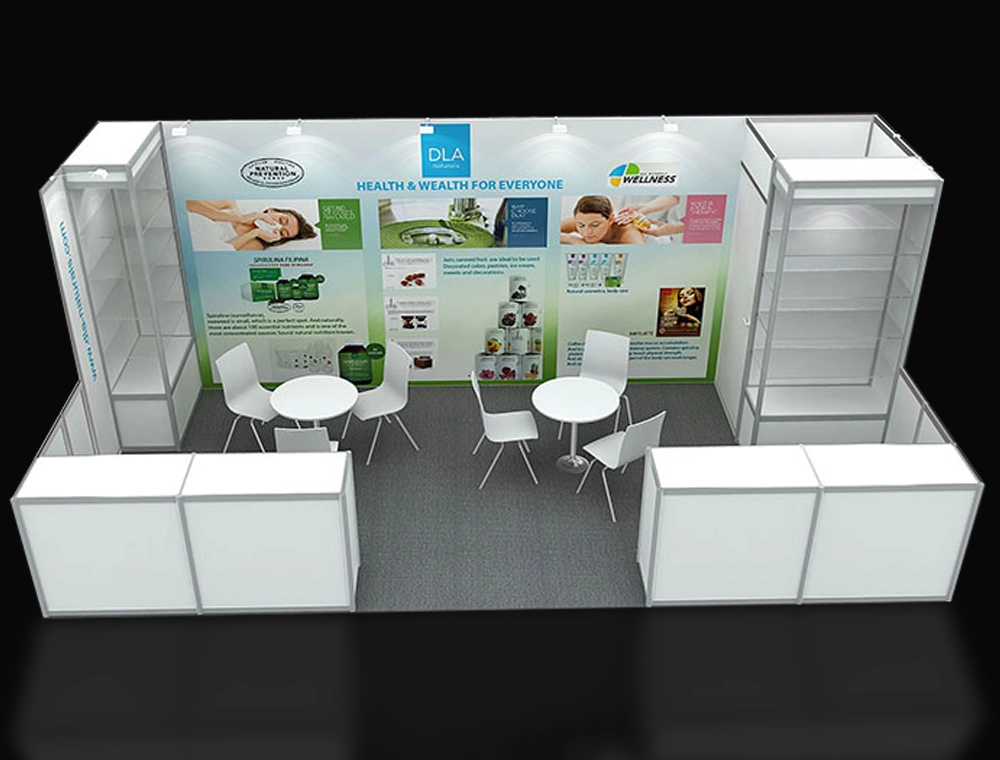 Spacious exhibition booth with product showcase shelves