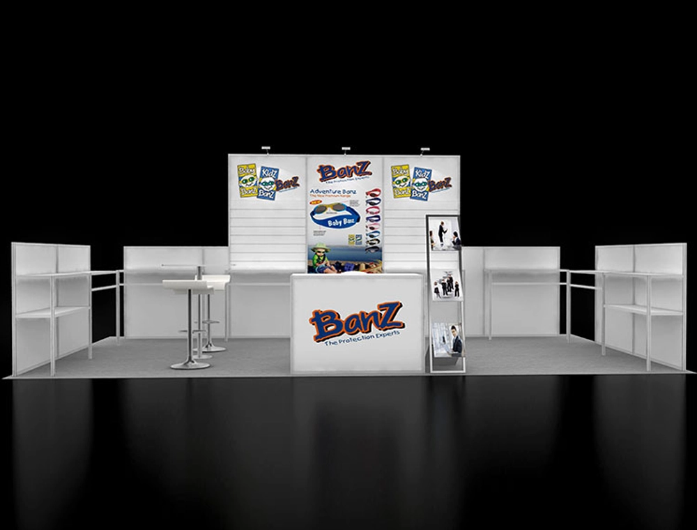 Professional 10x20 booth with reception counter and graphics