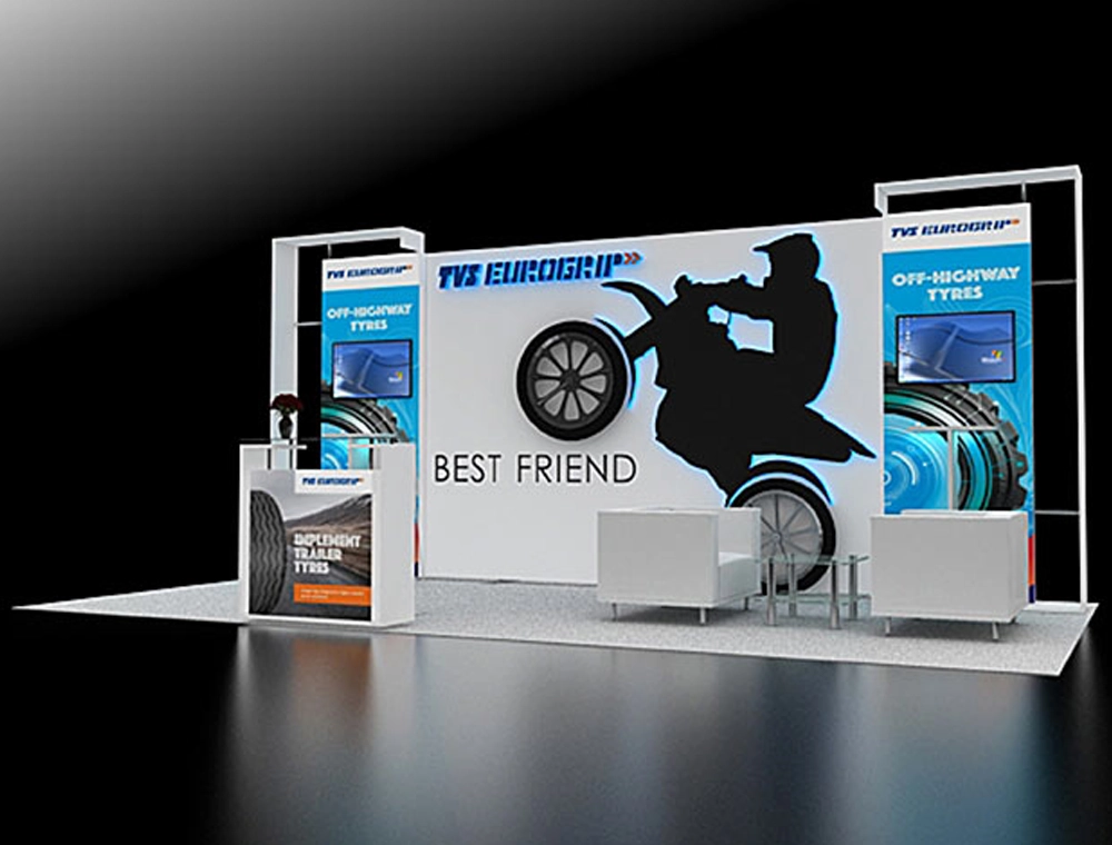 10x20 booth with digital screens and storage units