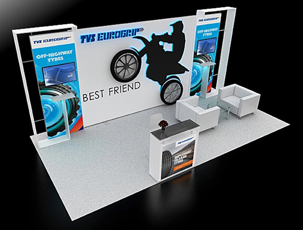 10x20 booth with digital screens and storage units