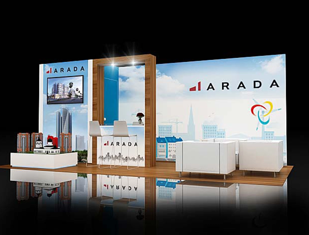 Custom 10x20 exhibit booth with seating and counters