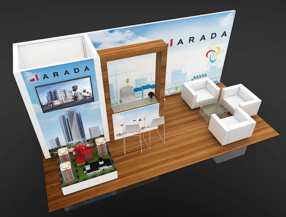 Custom 10x20 exhibit booth with seating and counters