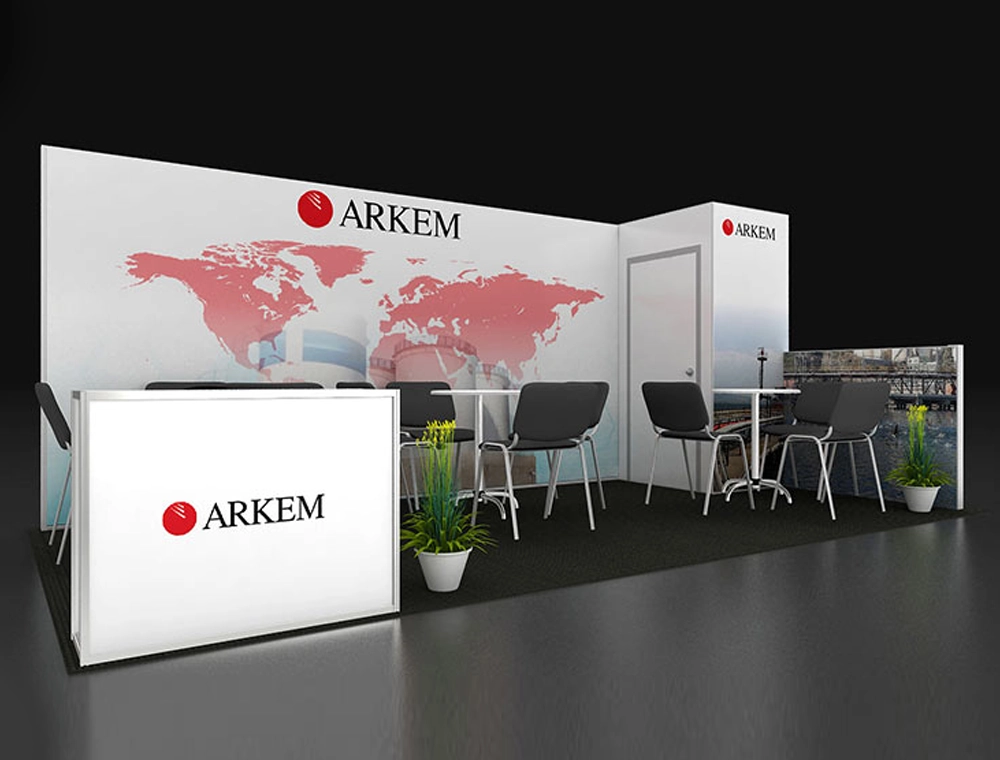 Trade show booth featuring promotional display units