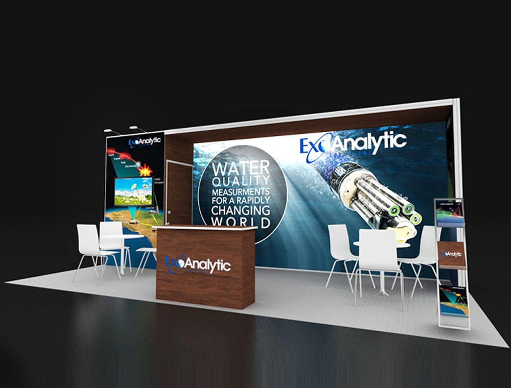 Booth design with modern furniture and lighting