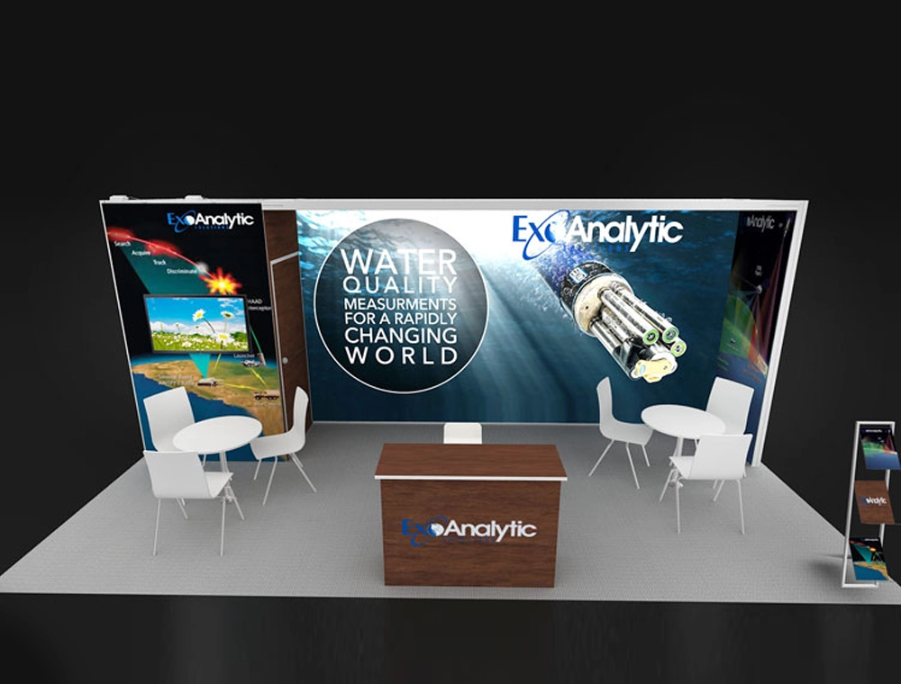 Booth design with modern furniture and lighting