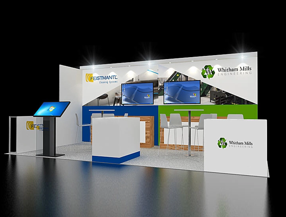 Custom booth with illuminated signage and graphics