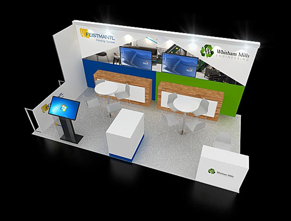 Custom booth with illuminated signage and graphics