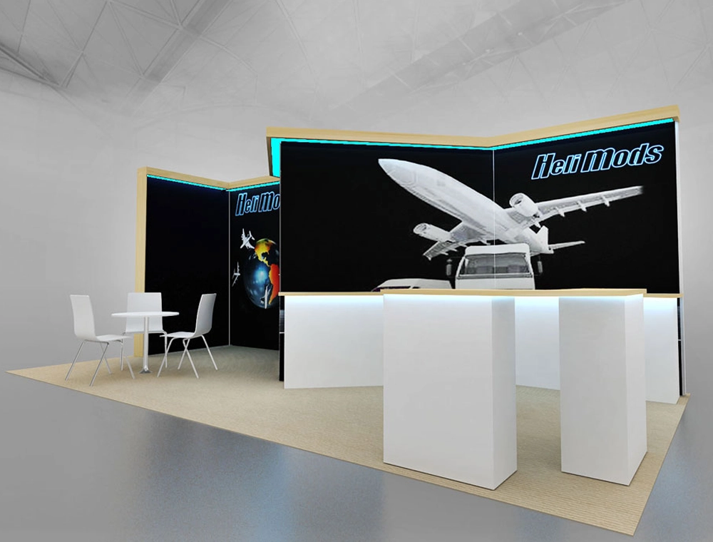 Modern exhibition booth with branded backdrop panels