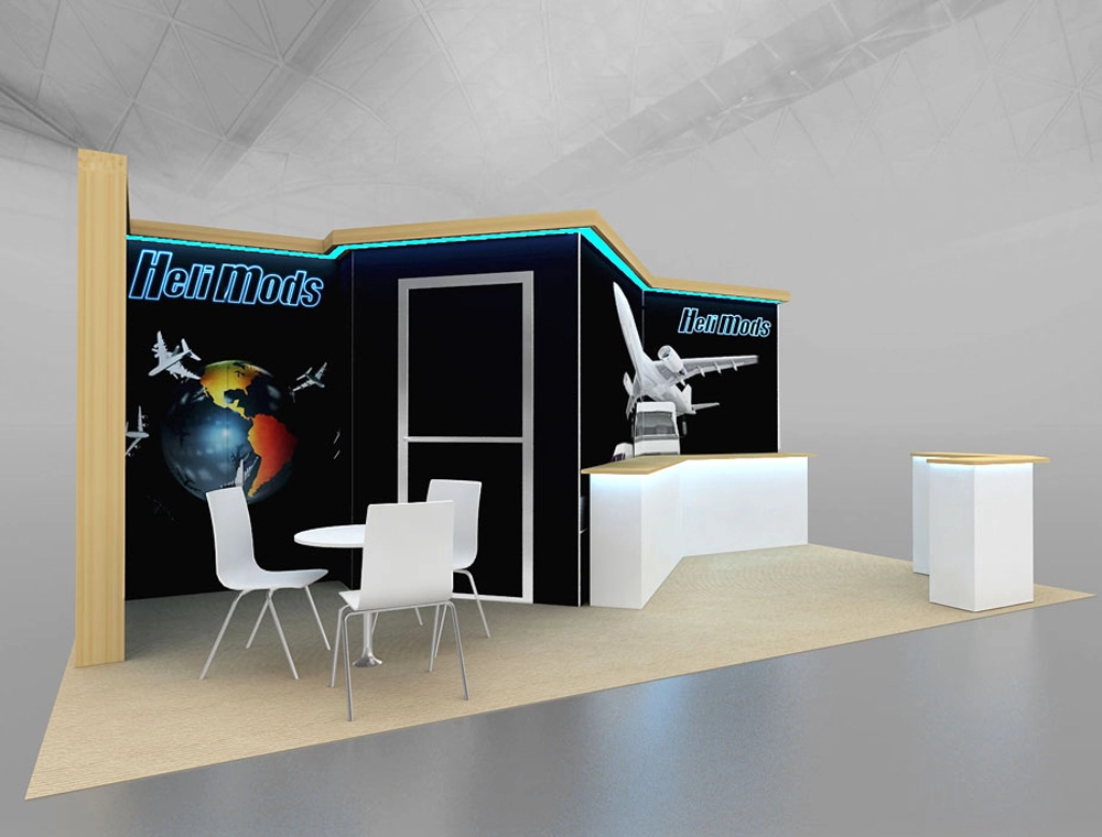 Modern exhibition booth with branded backdrop panels