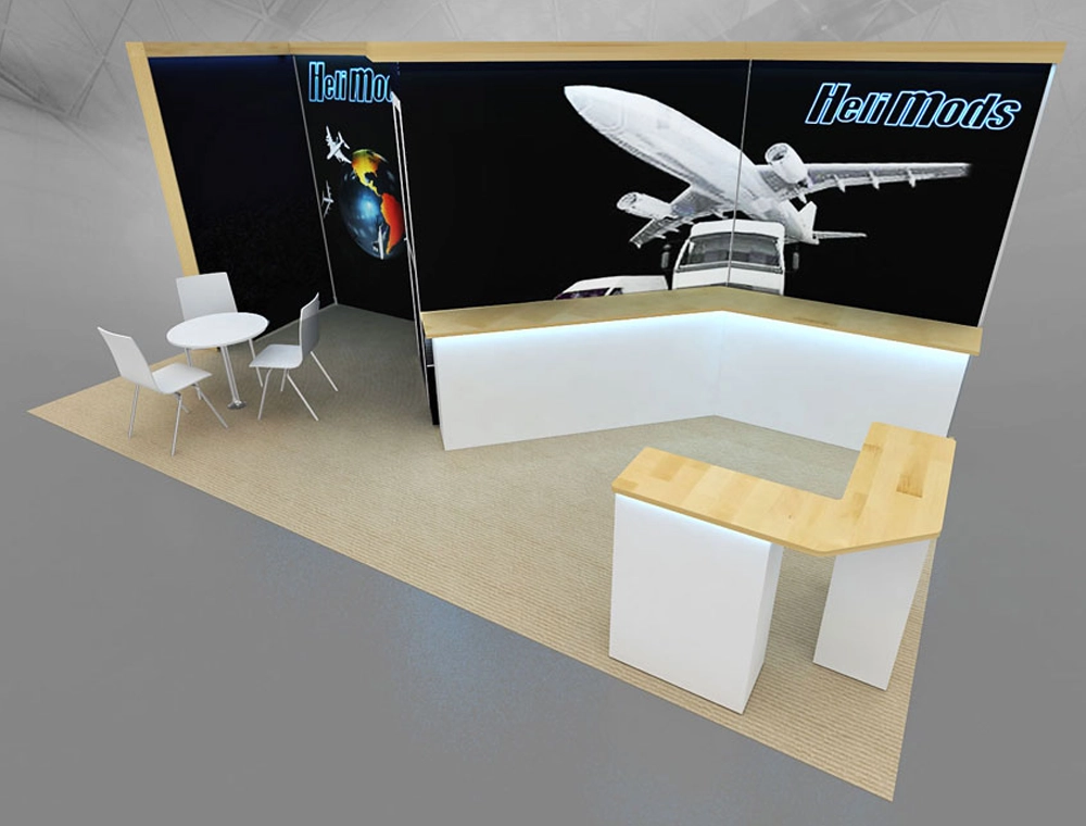 Modern exhibition booth with branded backdrop panels