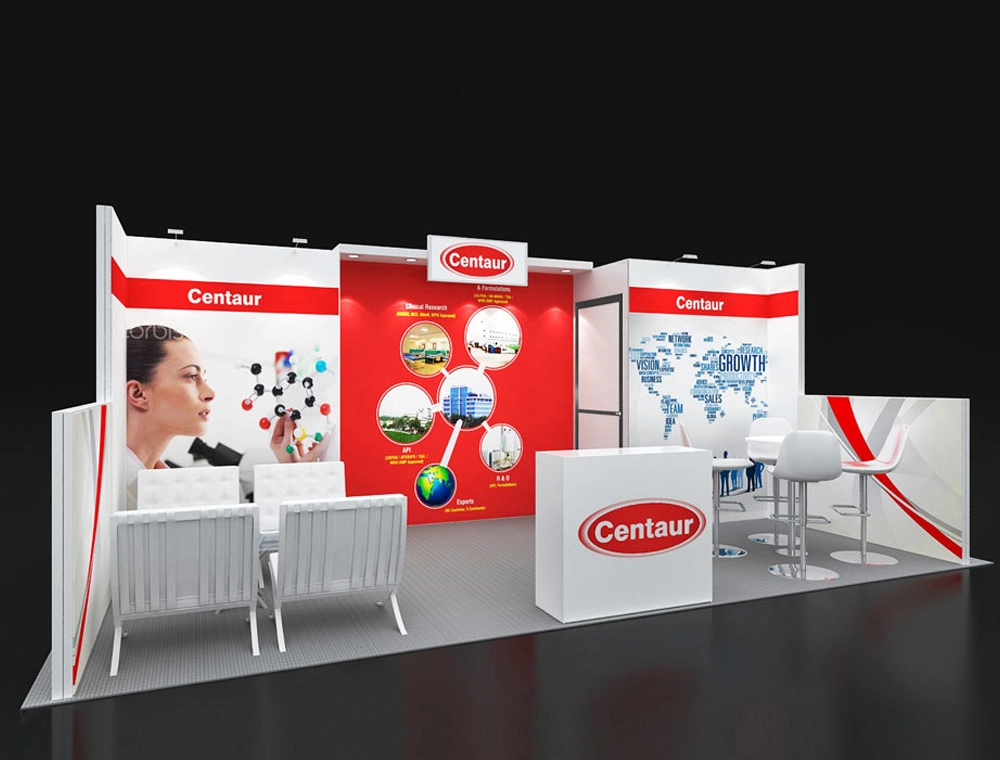 Trade show booth featuring seating and product shelves