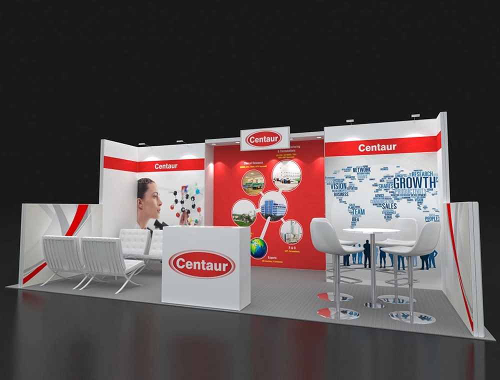 Trade show booth featuring seating and product shelves