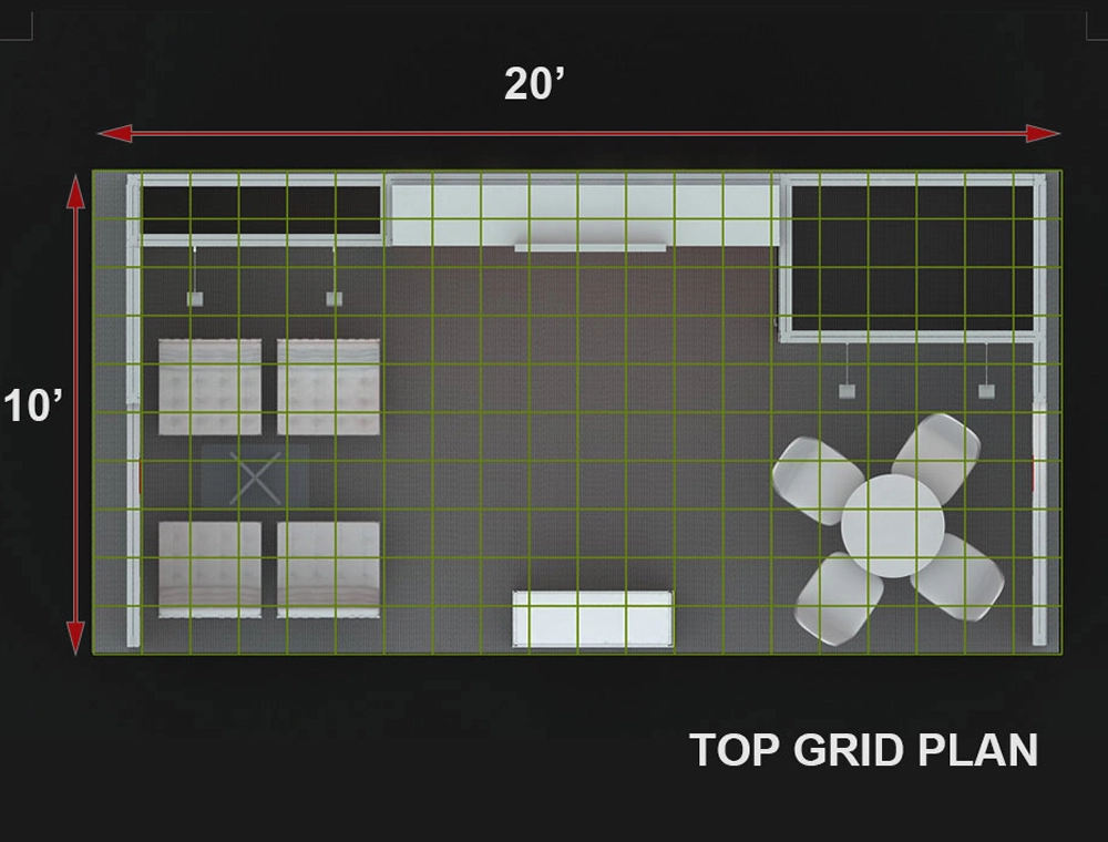 Trade show booth featuring seating and product shelves