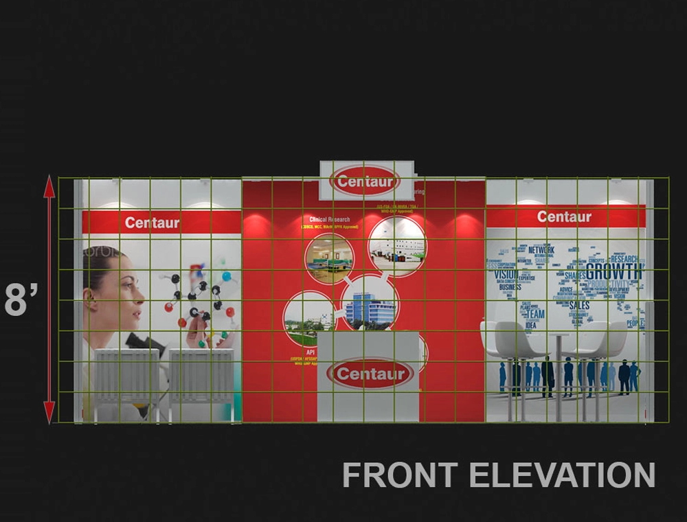 Trade show booth featuring seating and product shelves