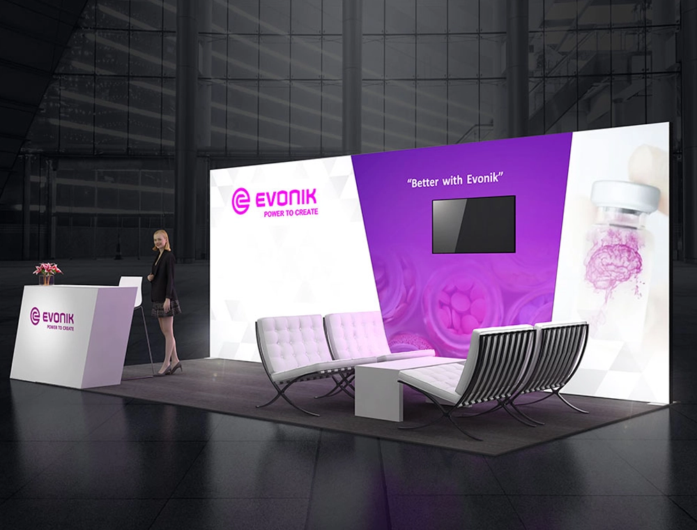 Trade show booth with promotional counters and graphics