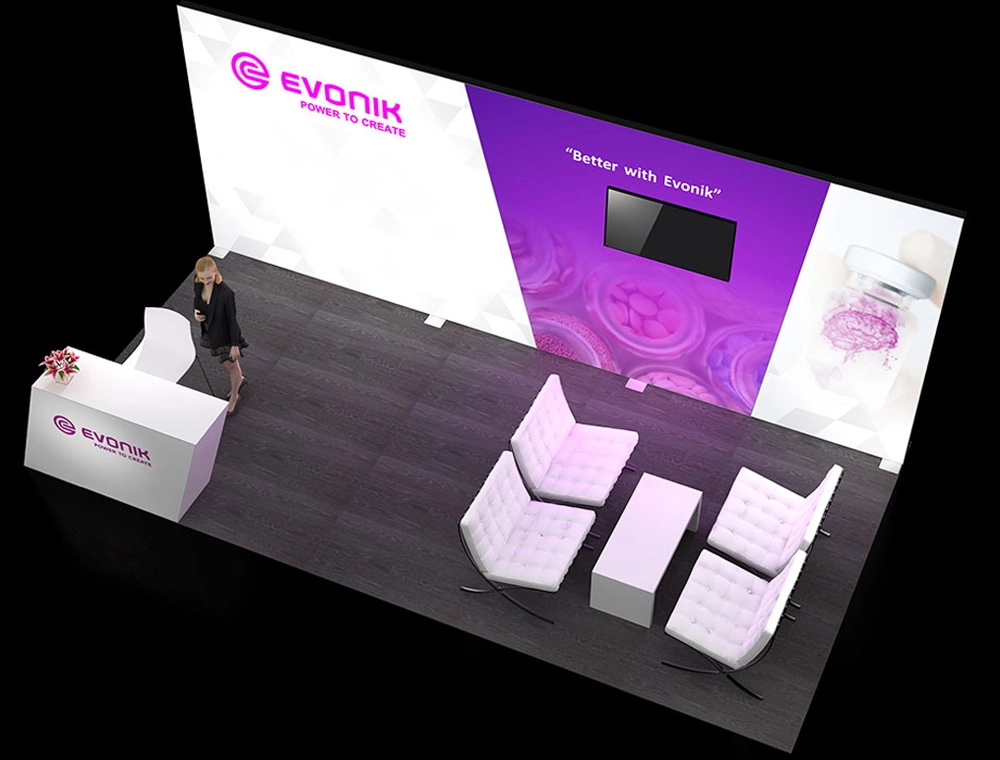 Trade show booth with promotional counters and graphics