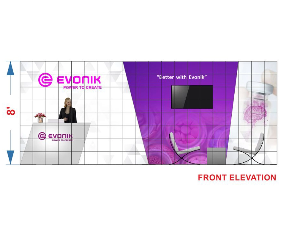 Trade show booth with promotional counters and graphics