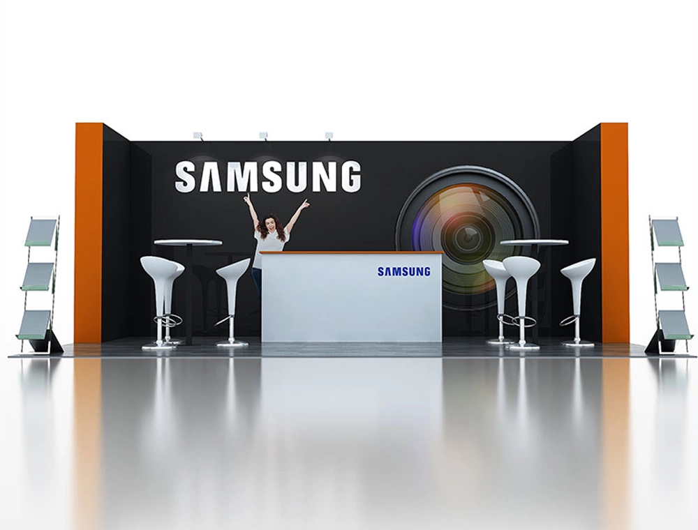 Custom trade show booth with seating and signage