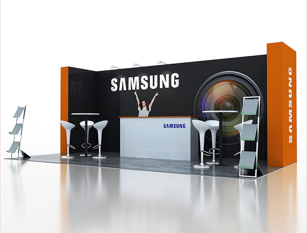 Custom trade show booth with seating and signage